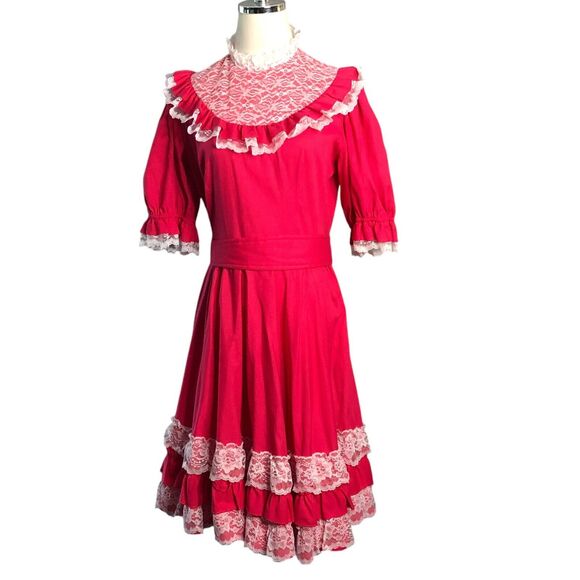 Vintage Square Dance Dress Red Lace Yoke Hand Sewn Circle Skirt Rockabilly - Picture 8 of 13